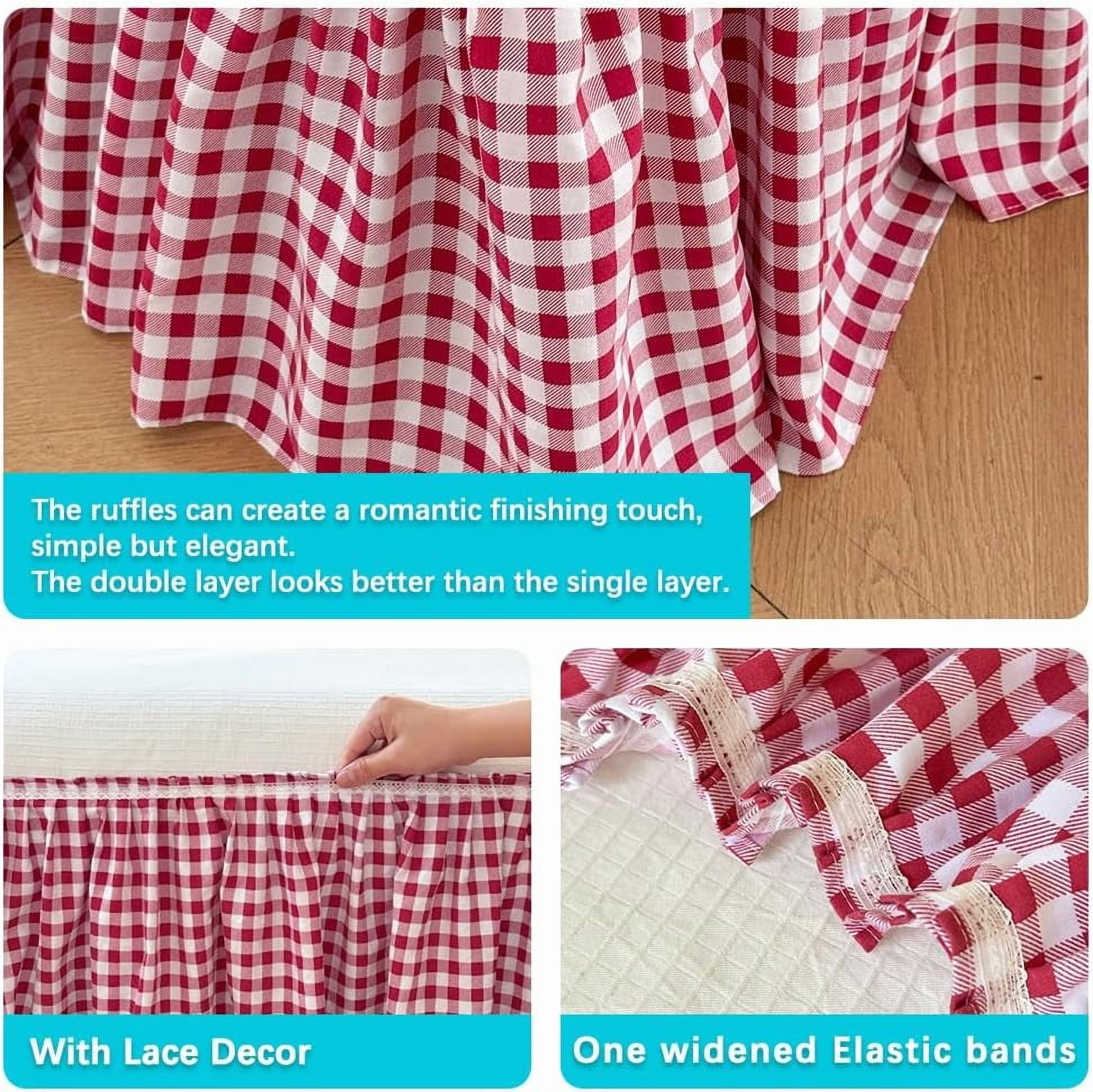 Red Gingham Wrap Around Ruffled Bed Skirt with Lace Decor, Plaid Grid Adjustable Elastic Dust Ruffles for King Bed, 15 Inch Drop Farmhouse Cottage Pleated Bed Frame Cover(Red Gingham, King)