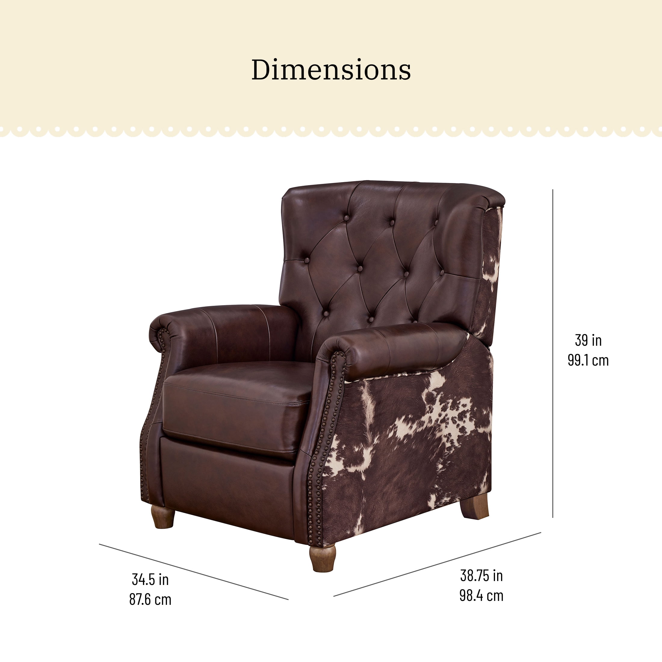 The Pioneer Woman Harper Pushback Leather Recliner with Whiskey & Faux Cowhide Upholstery
