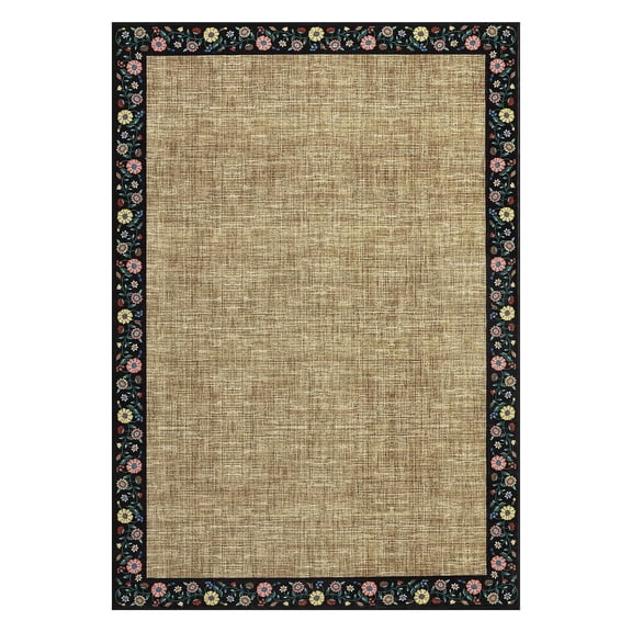Yellow Floral Border 8x10 Faux Wool Washable Farmhouse Area Rug