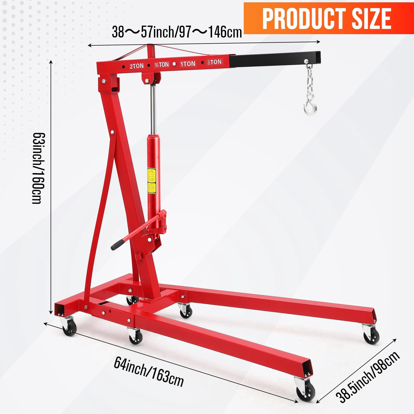 2 Ton Folding Hydraulic Engine Hoist - 4400 lbs Heavy Duty Cherry Picker Shop Crane - Telescopic Boom - 6 Swivel Casters - Adjustable Lift - Red - Without Lifting Gear, Fixed with U-Shaped Iron Piece