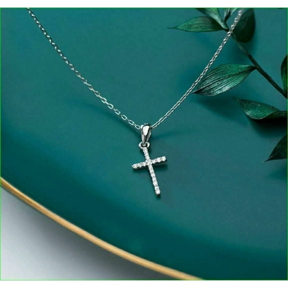 1Ct Round Cut Lab Created Diamond Cross Necklace Pendant Free Chain 14K White Gold Plated