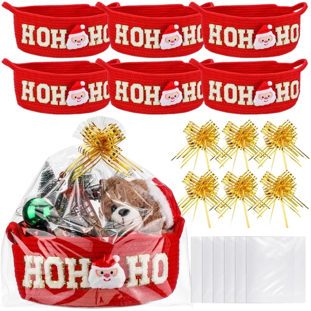Set de 6 Cestas Vacías Navideñas Plegables con Lazos y Cintas