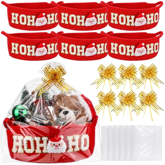 Set de 6 Cestas Vacías Navideñas Plegables con Lazos y Cintas