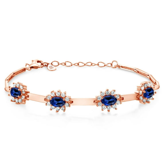 Gem Stone King 18K Rose Gold Plated Silver Blue Created Sapphire and White Created Sapphire Bracelet for Women (4.00 Cttw, Gemstone September Birthstone, Oval 6X4MM, 7 inch   1 inch Extender)