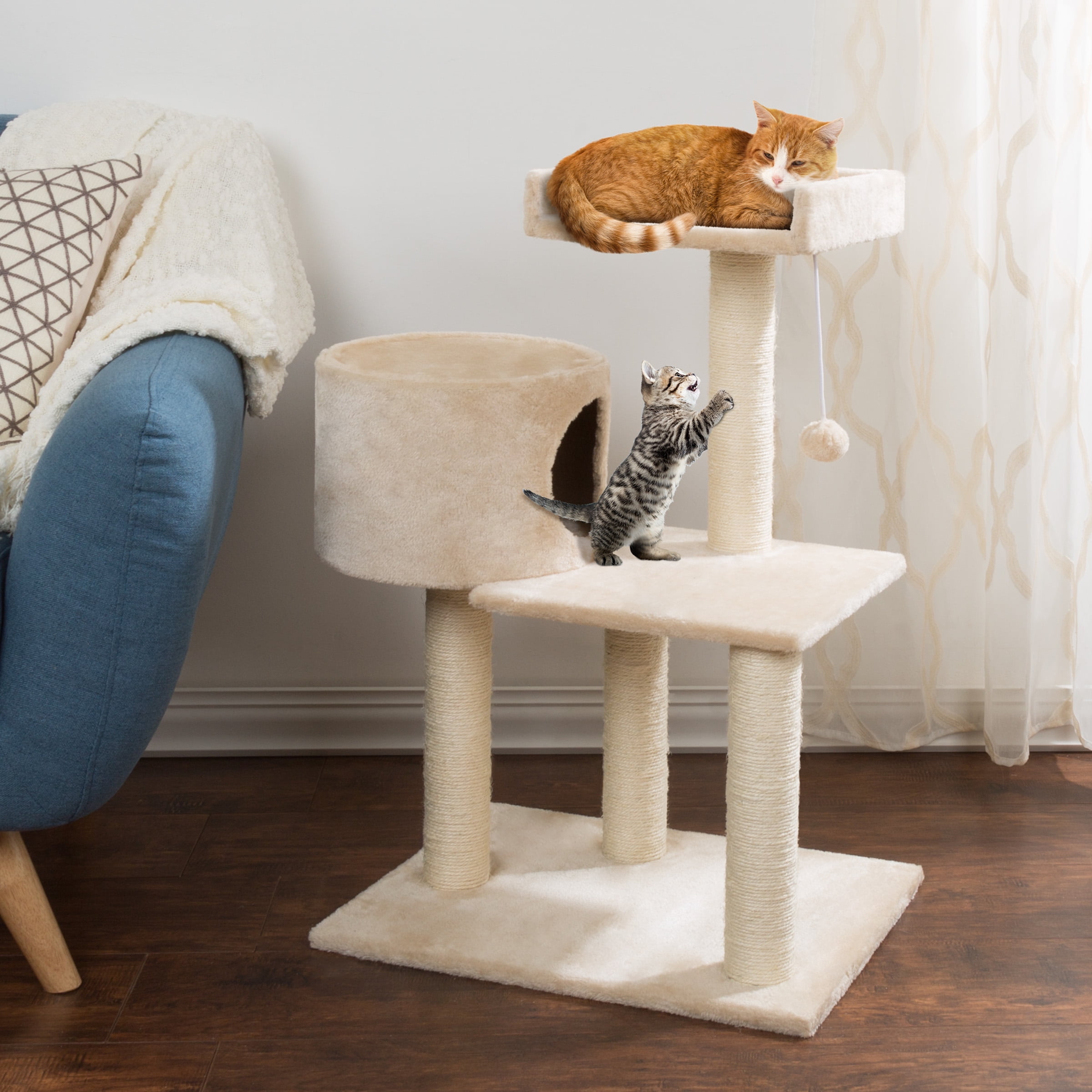 3 Tier Cat Tree- Plush Multi Level Cat Tower with Scratching Posts Perch Style Bed Cat Condo and Hanging Toy for Cats and Kittens By PETMAKER (31?)