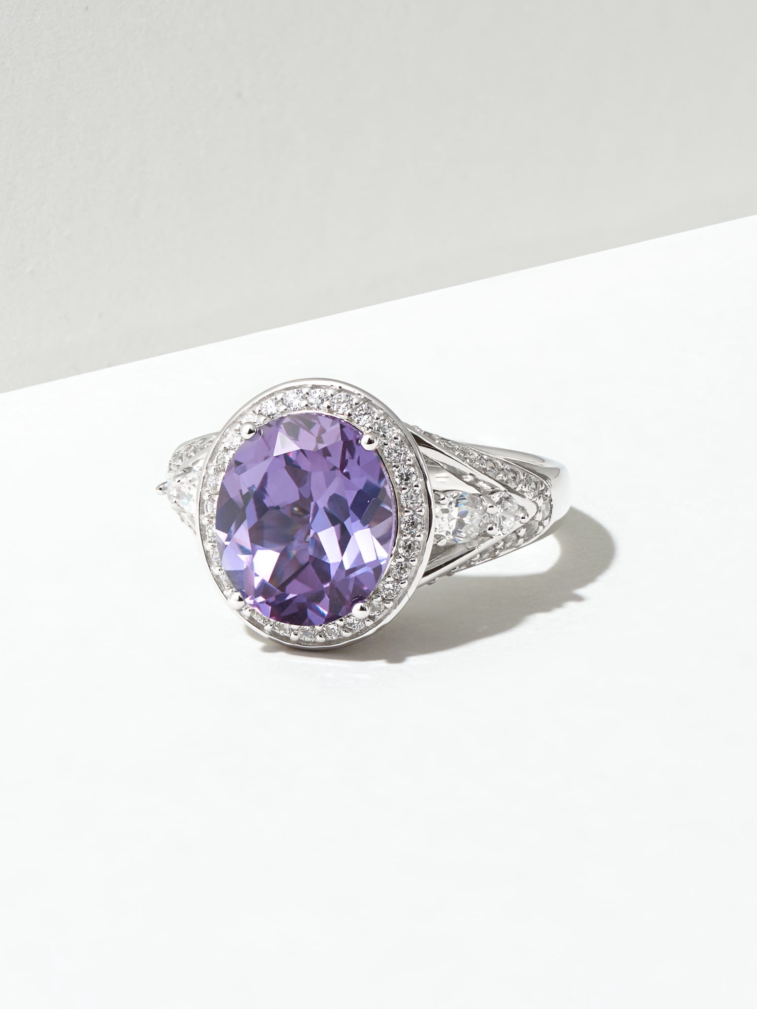 Sterling Silver Platinum Plated Created Alexandrite oval Halo Ring