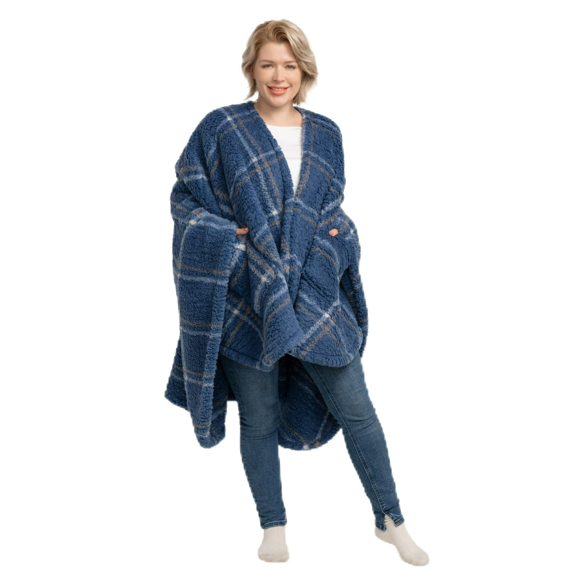 Berkshire Blanket Double Sided Sherpa Wearable Blanket Warm Cozy Shawl with Pockets Plush Cape Wrap Gifts for Women Mom Girlfriend Holly Simple
