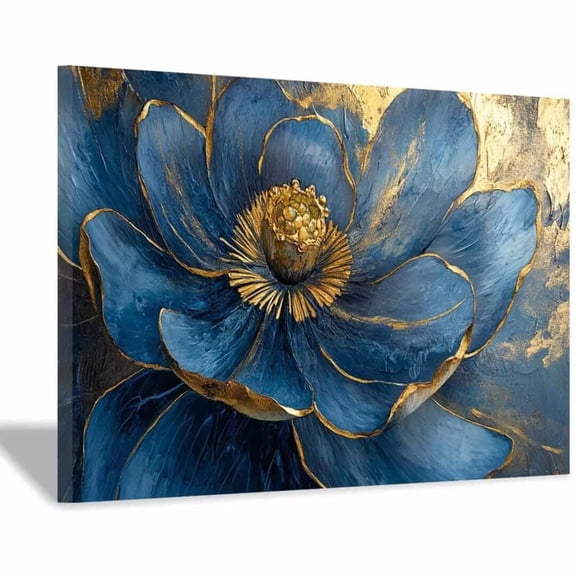 Mudket Canvas Wall Art Framed Ready to Hang, Blue Flower Gold Canvas Print, Abstract Floral Wall Decor Artwork for Living Room Bedroom Entryway Office, Botanical Pictures - 12"L x 8"W