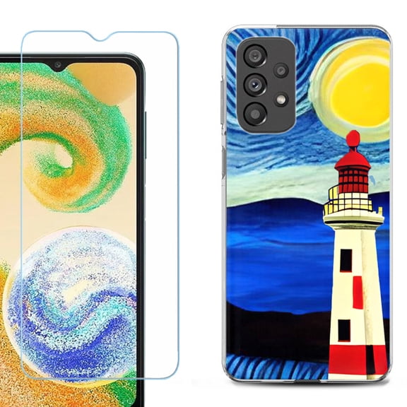 Shockproof Fashion Phone Case for Samsung Galaxy A23 5G, with Tempered Glass Screen Protector, by OneToughShield ® - Starry Night Lighthouse