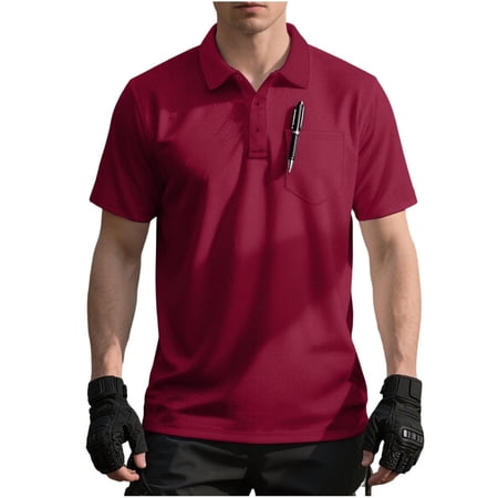 YUGYXL Mens Athletic Shirts Short Sleeve Lightweight Performance Tactical Work Golf Collar Shirts Wine XXXL