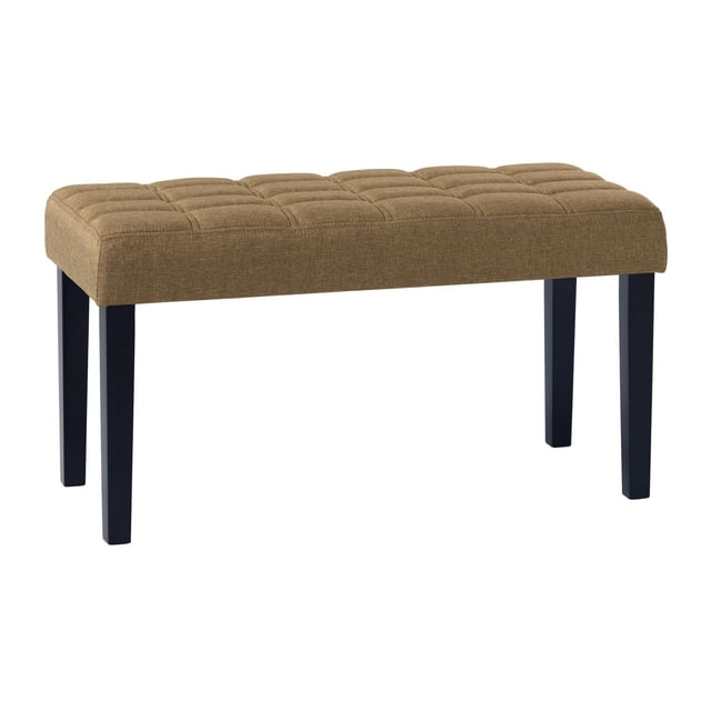 Brown fabric upholstered and tufted entryway accent bench with black wood legs.
