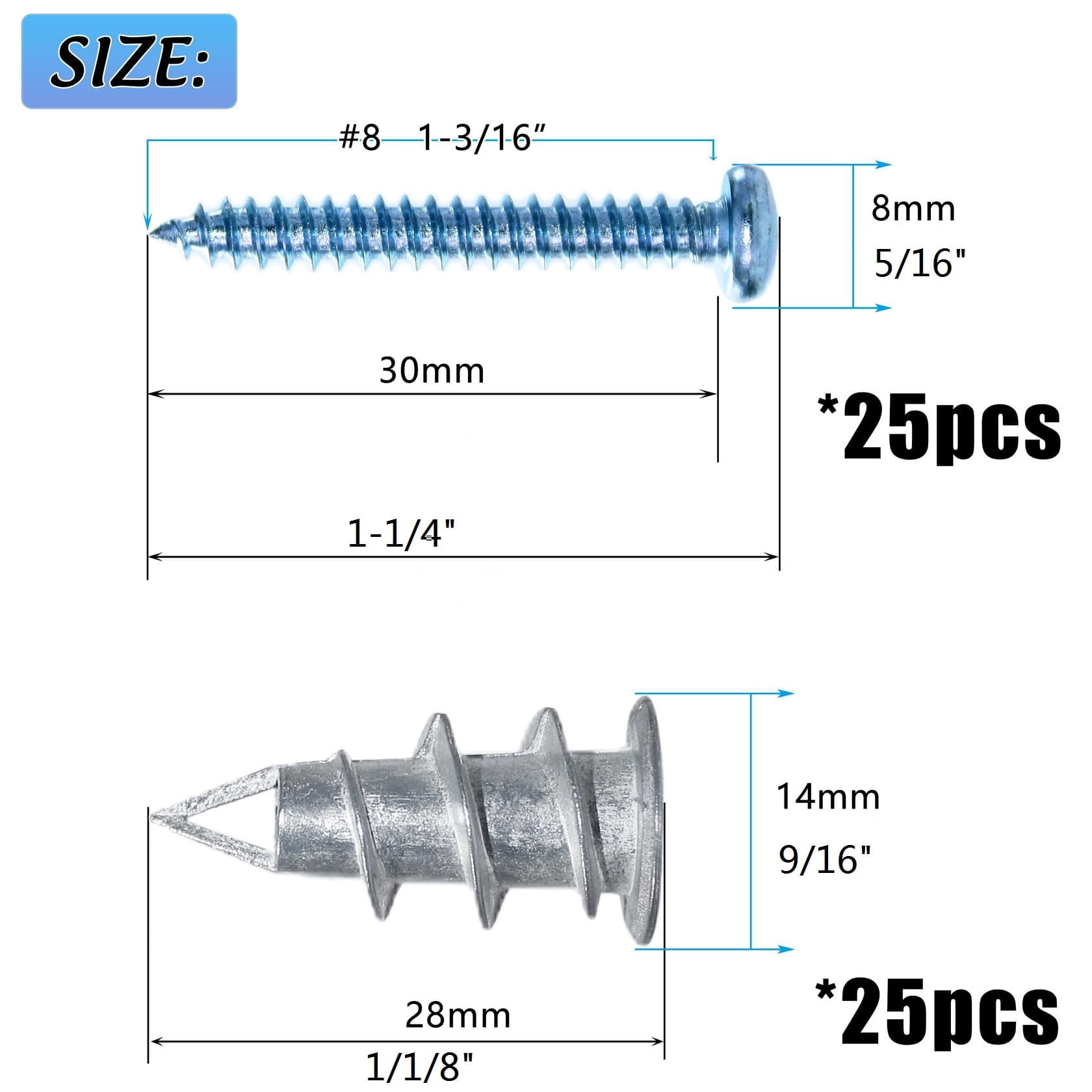 50Pcs #8 Self Drilling Metal Drywall Anchors and Screws kit, 25 Heavy Duty Hollow Sheetrock Anchors + 25 1-1/4'' Screw, No Pre Drill Hole Required - Hold 75lbs for Wall Hanging and Mounting