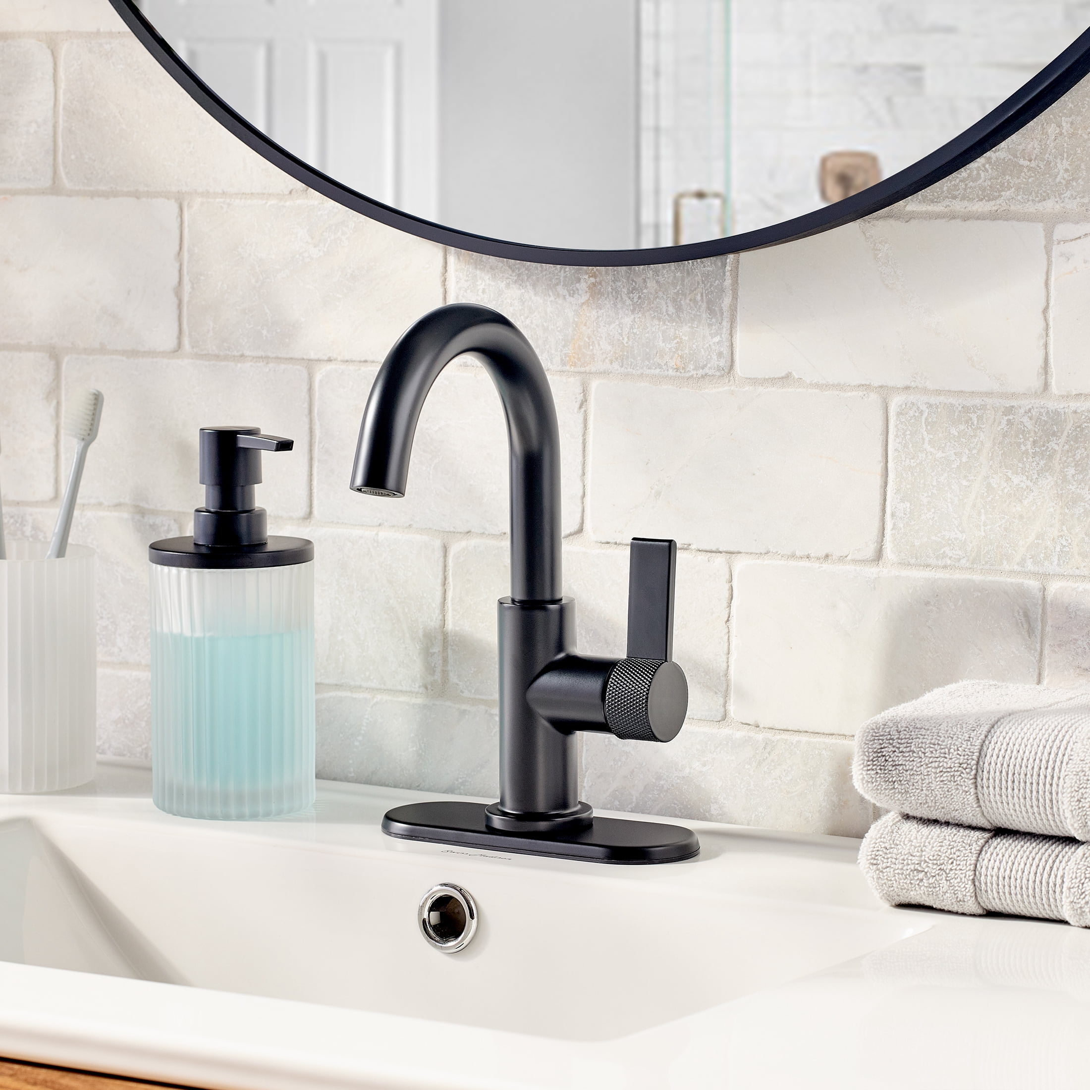 Better Homes & Gardens Matte Black Single Handle High-Arc Bathroom Faucet with Knurled Handle