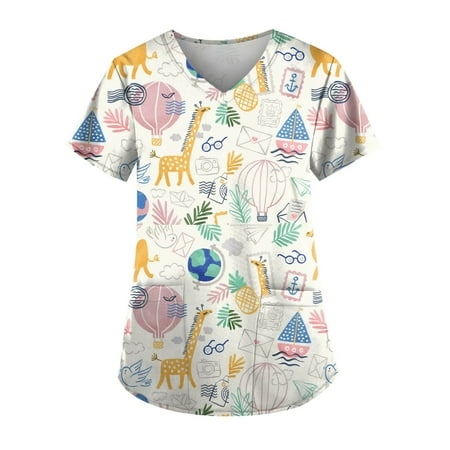 

Apepal Women Short Sleeve V-neck Print Pocket Scrub Tops