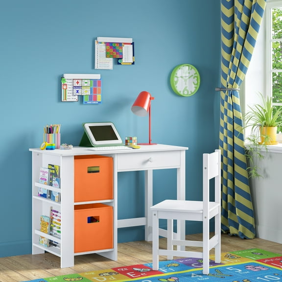 RiverRidge Kids Desk and Chair Set with Storage Cubbies, Bookshelves, and Drawer - White