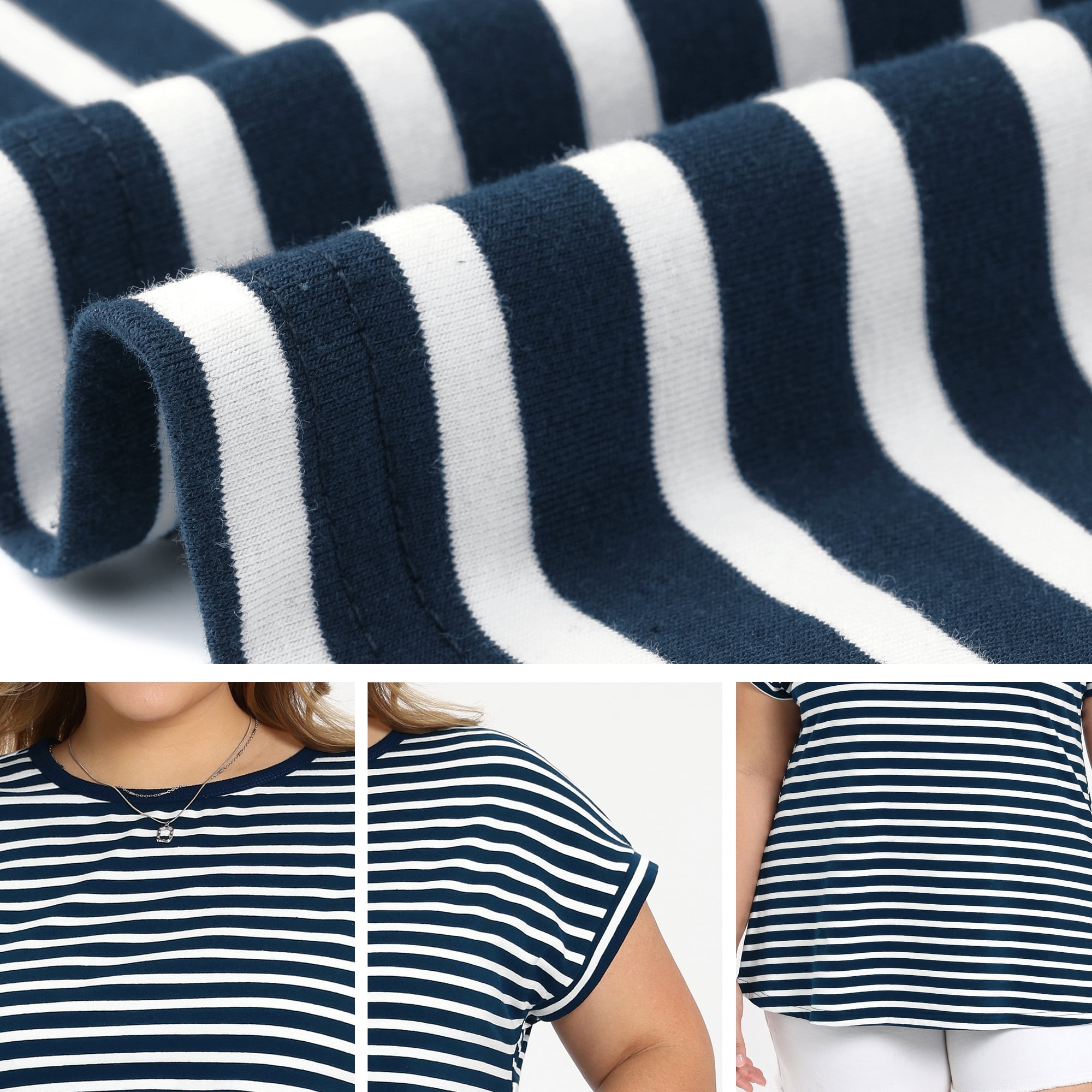 DARING DIVA Women's Plus Striped Raglan Sleeve Crew Neck T-Shirts Blouses 3X Navy Blue
