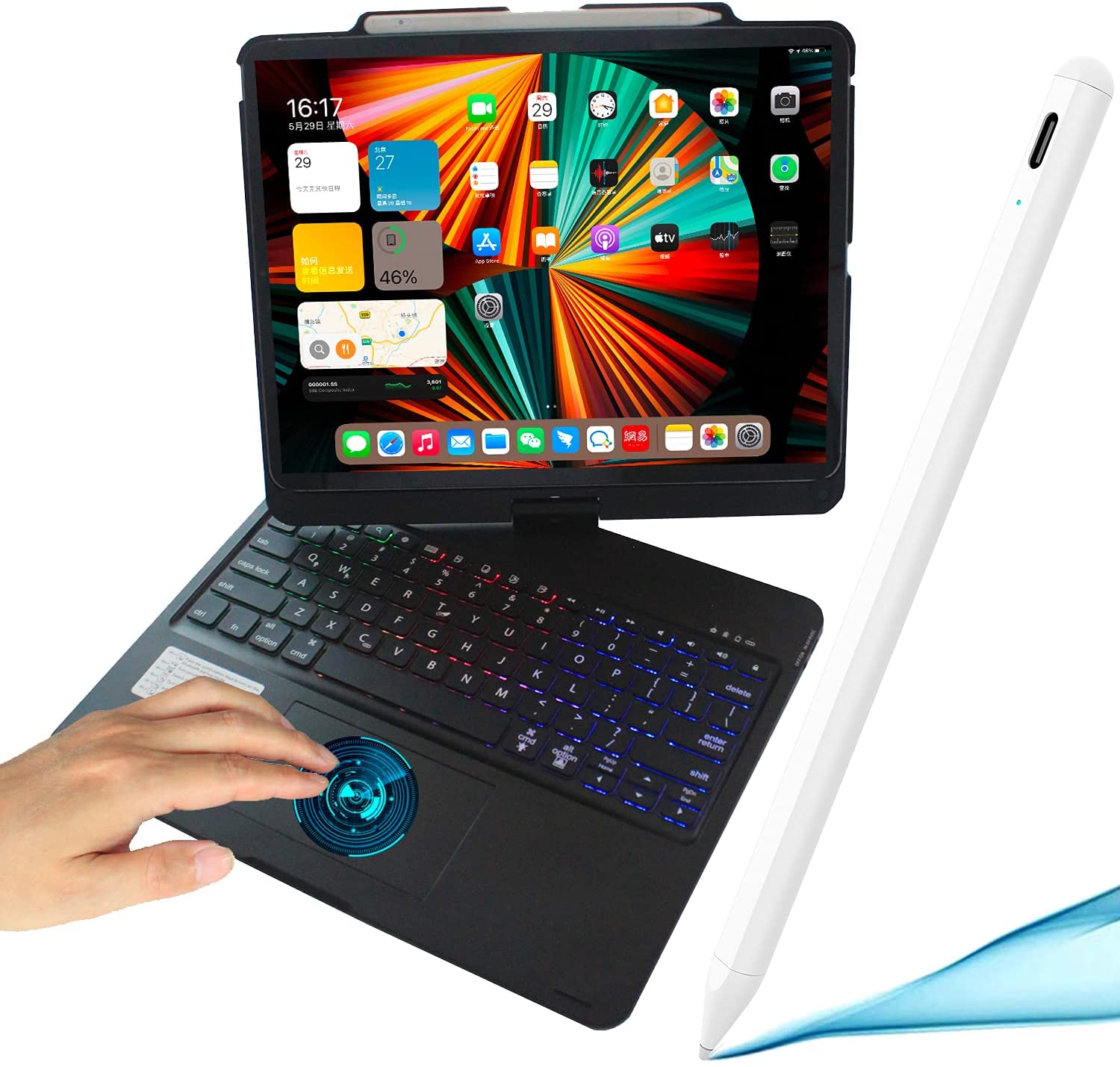 Black Bluetooth 5.1 Trackpad Keyboard Plus Capacitive Stylus Pen for