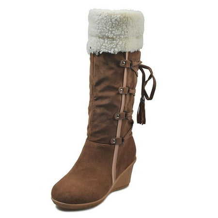 

Penkiiy Women s Knee High Boots Fleece Suede Slouch Winter Snow Booties Shoes Outdoor Winter Round Toe Wedge Boots 35 Khaki