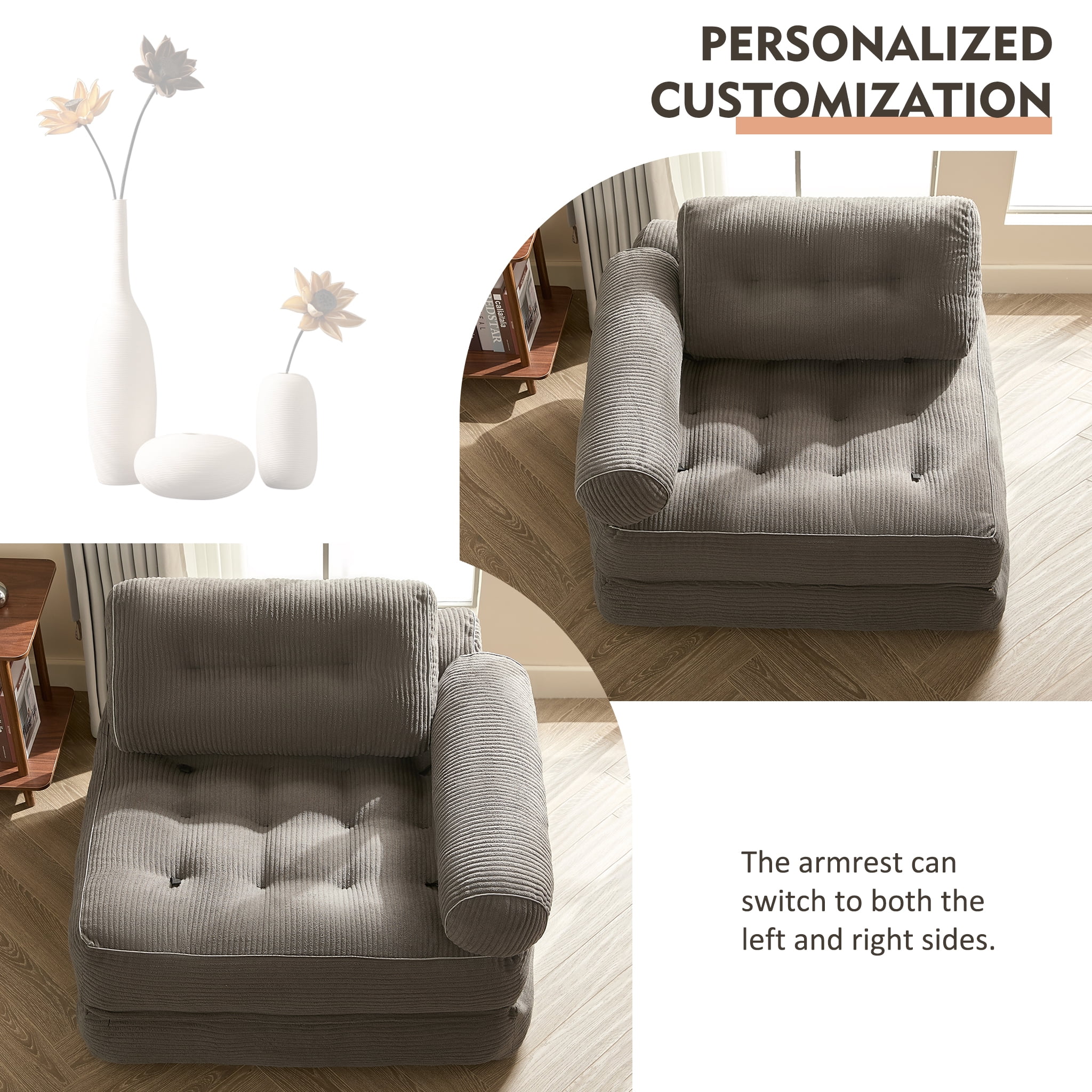LAKPS Convertible Floor Sofa Bed Plus, Corduroy Modular Lounge Chair with Backrest & Pillow, Folding Tatami Sofa Sleeper for Living Room, Bedroom, Dorm, Gray