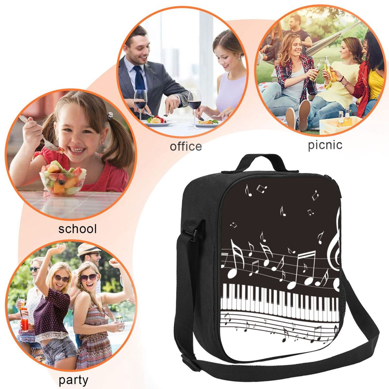 Defioc Piano Keys With Musical Notes Print Lunch Box for Men & Women, Insulated Lunch Bag Thickened Thermal Leakproof Lunch Tote Bag for Adult Office Travel Picnic