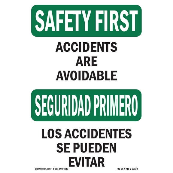 OSHA SAFETY FIRST Sign - Accidents Are Avoidable Bilingual | Plastic Sign | Protect Your Business, Work Site, Warehouse & Shop Area | Made in the USA