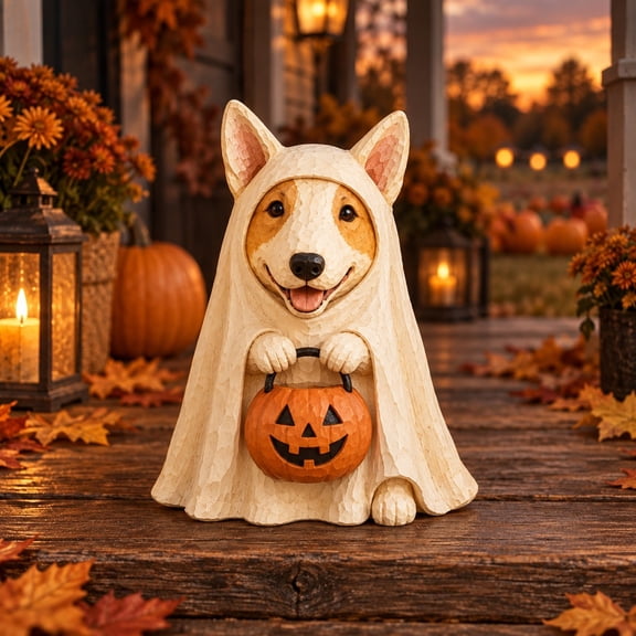 3 Layer Halloween Dog Wooden Stand, Corgi Ghost with Pumpkin, Rustic Tabletop Display for Pet Lovers