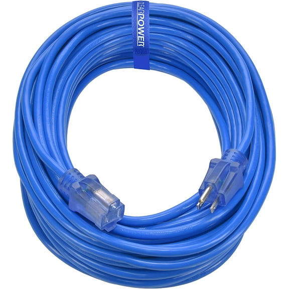 Clear Power Outdoor Extension Cord - 100 FT, Blue | for Extreme Cold Weather -50°C, 14/3 SJTW, 3 Prong Grounded Plug, with Power Indicator Light (CP10078)