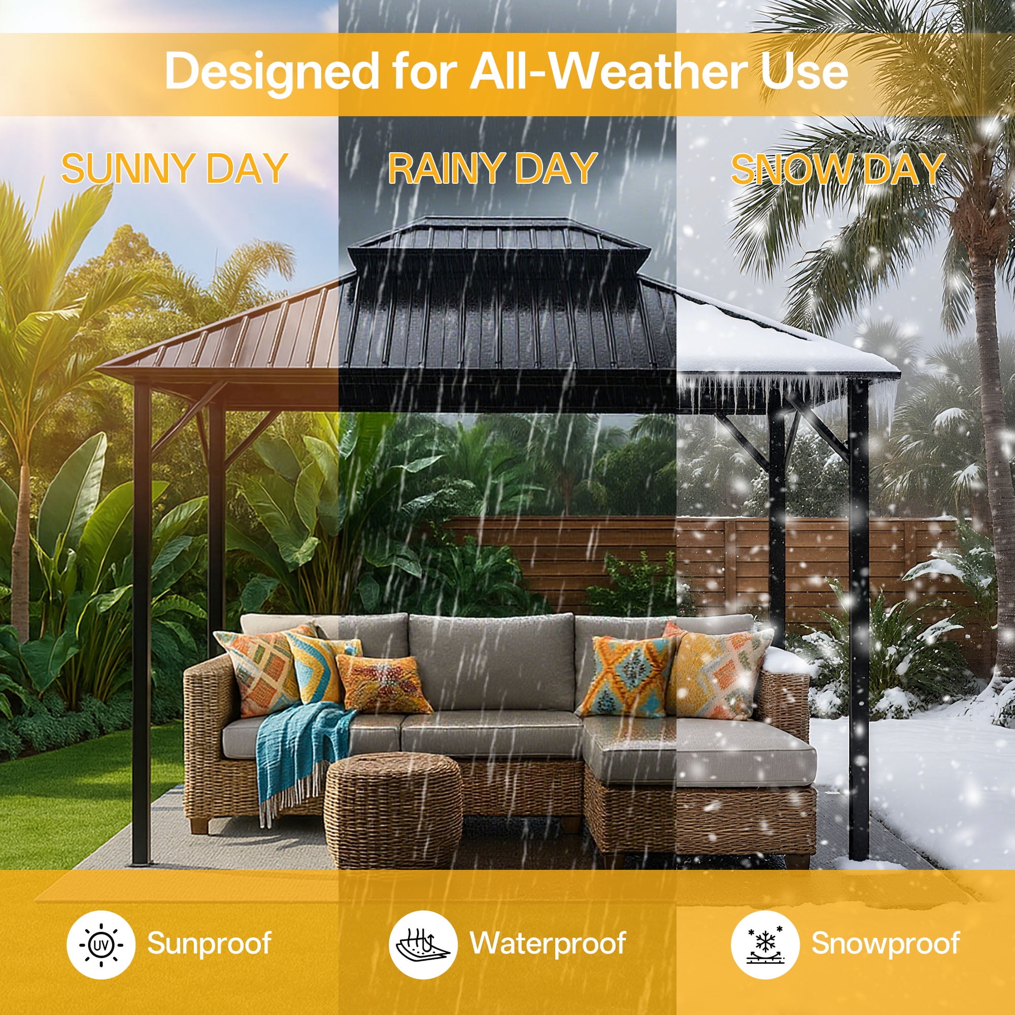MeWang 10x10 Hardtop Gazebo, Black Aluminum Frame with Double Galvanized Steel Roof, Outdoor Patio Canopy for Backyard, Garden, Deck