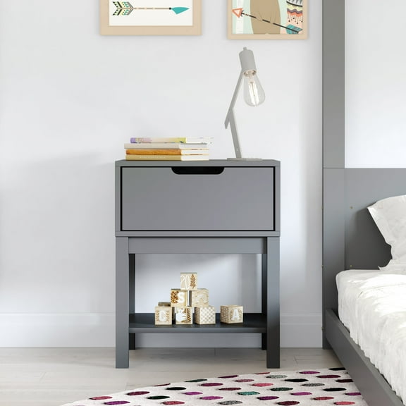 Emma Oliver Kids Single-Drawer Night Stand with Gray Solid Wood Frame, Side Table for Kids Bedroom with Open Shelf