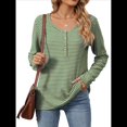 thumbnail image 1 of Camisetas de Rayas de Larga para Mujer, Camisetas Informales con Cuello en V y Botones para Otoño, Blusas Modernas. Verde y XL, 1 of 9