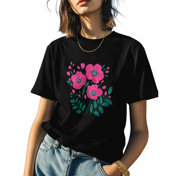 Cartoon Flower Leaves Womens Tshirt Graphic Tees Cotton Crew Neck T-Shirts, Casual Short Sleeve Shirts for Women Teen Girl Watercolor Floral