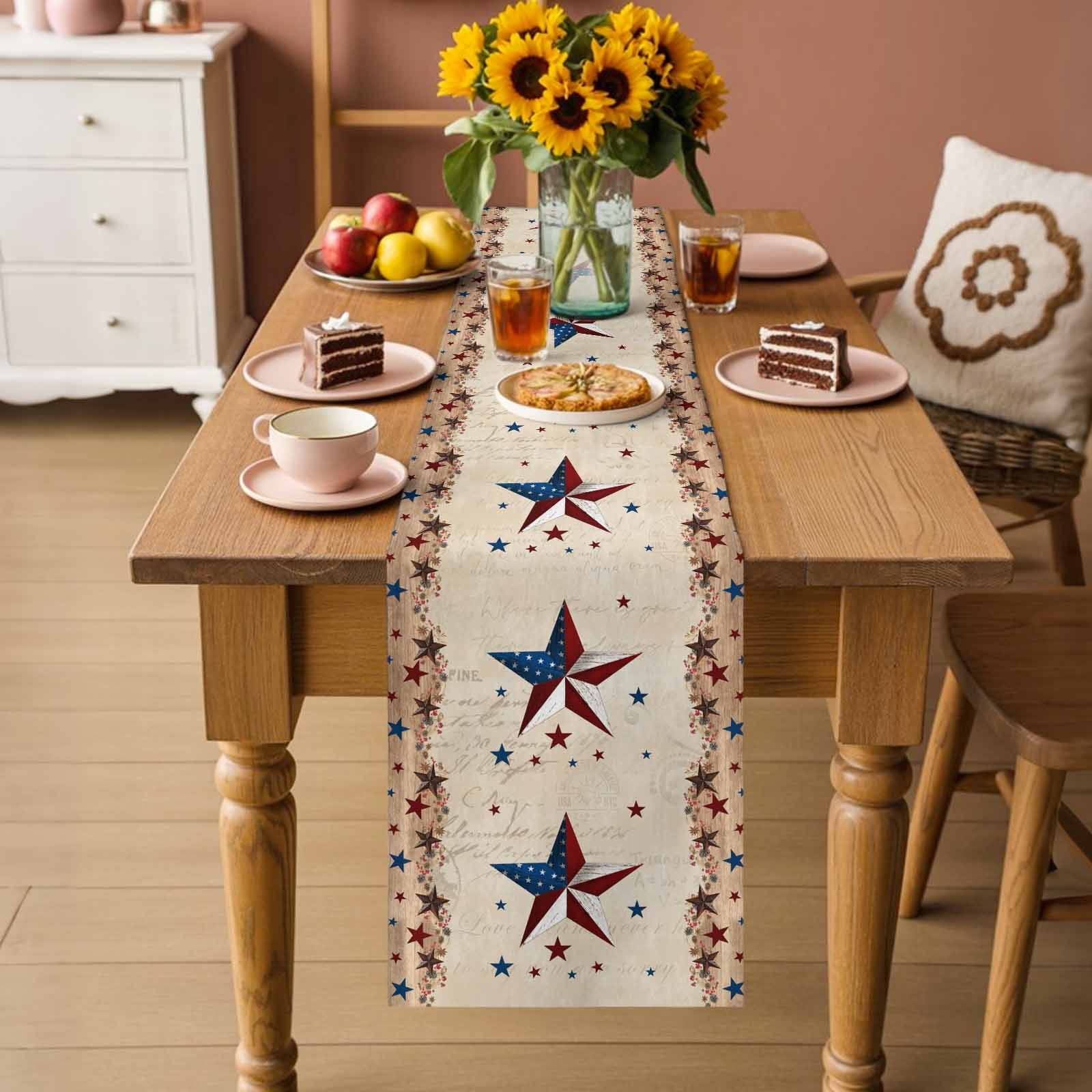 Independence Day Table Runner, Vintage U.S. Flag Country Stars Retro Letter Cotton Linen Kitchen Table Decoration Washable Dining Tabletop Runners for Home Party Decor 13x120 Inches