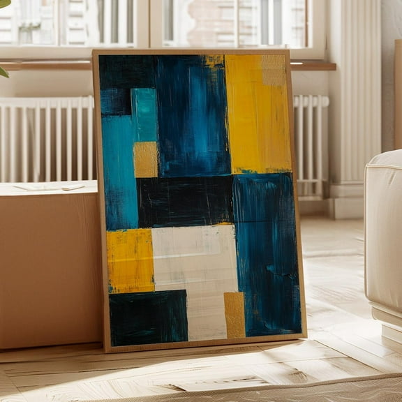 Luvia Blue and Yellow Geometric Abstract Poster Modern Bold Color Block Textured Artwork for Home Decoration, 8x12 UNFRAMED