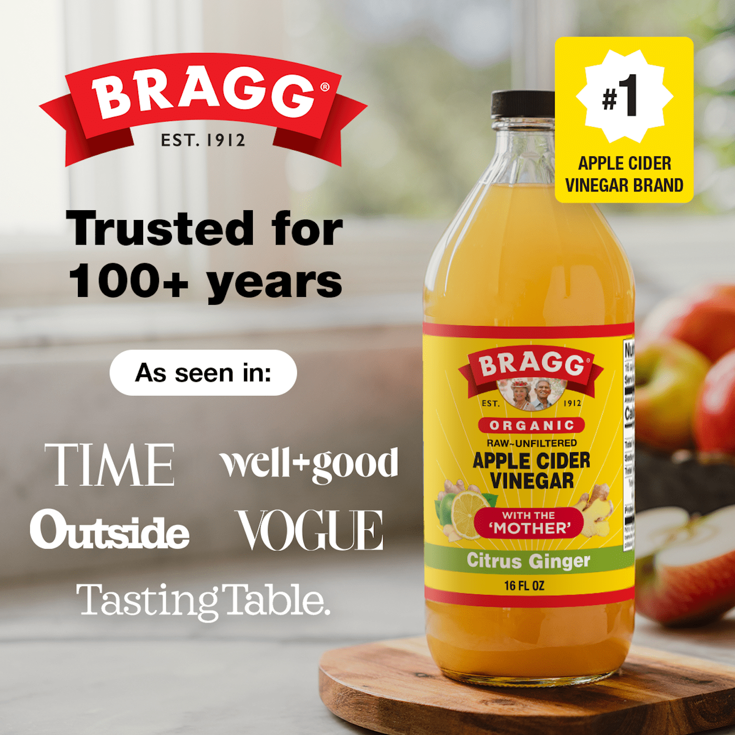 Bragg Organic Apple Cider Vinegar Citrus Ginger with The Mother, Raw and Unfiltered, 16 fl oz