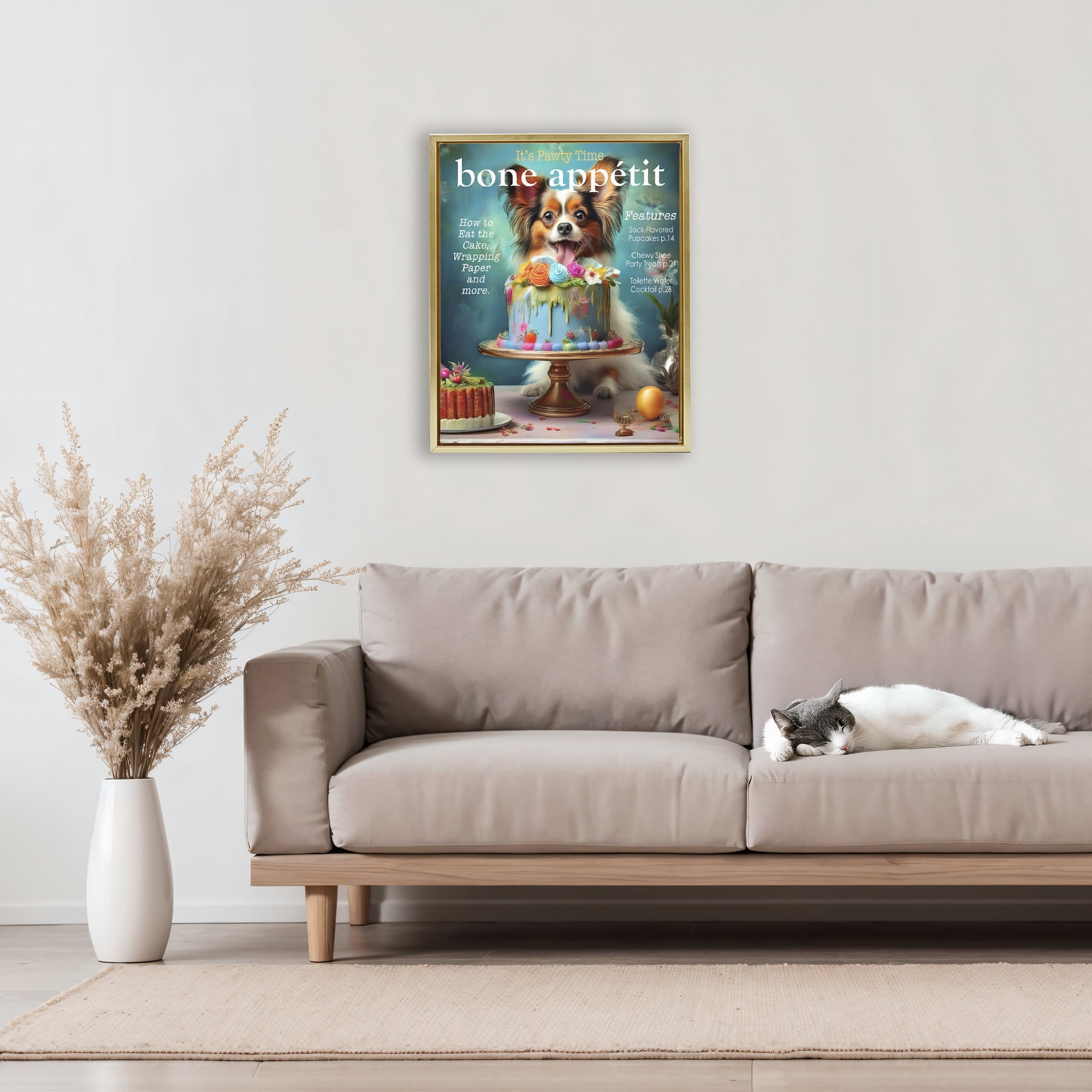Stupell Industries Bone Appetit Dog Magazine Parody Gold Framed Floater Canvas Wall Art, design by Grotto Studios