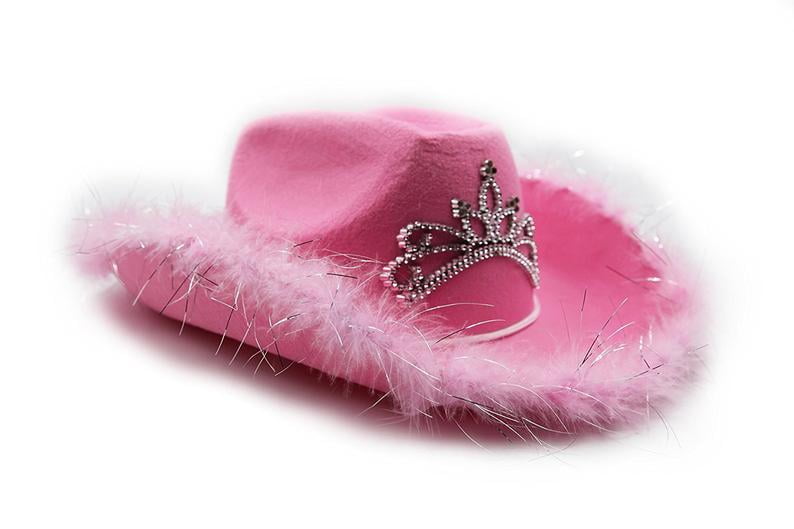 Pink light up tiara cowgirl dress up hat with feather trim - rodeo