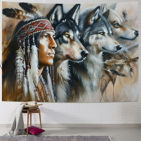 BCIIG  Colorful Tapestry, Blur Mystic Painting of Young Native Man Feather with Wolves, Wide Wall Hanging for Bedroom Living Room Dorm,