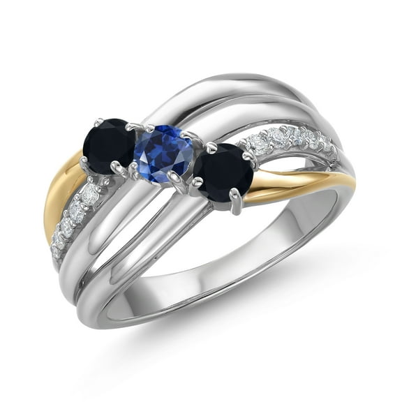 Gem Stone King 925 Silver and 10K Yellow Gold Black Onyx and Blue Created Sapphire and Lab Grown Diamond Engagement Ring for Women | 0.84 Cttw | Round 4MM | December Birthstone | Size 8