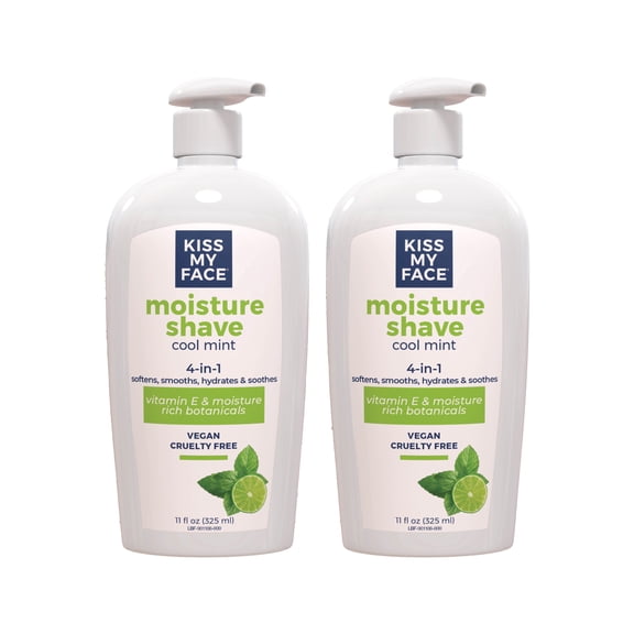 Kiss My Face Cool Mint Moisture Shave, 4 In 1 Shaving Cream, Cruelty Free And Vegan, With Added Olive Oil And Aloe Leaf Extract, Vitamin E Rich, 2- Pack, 11 fl Oz Pump Bottle