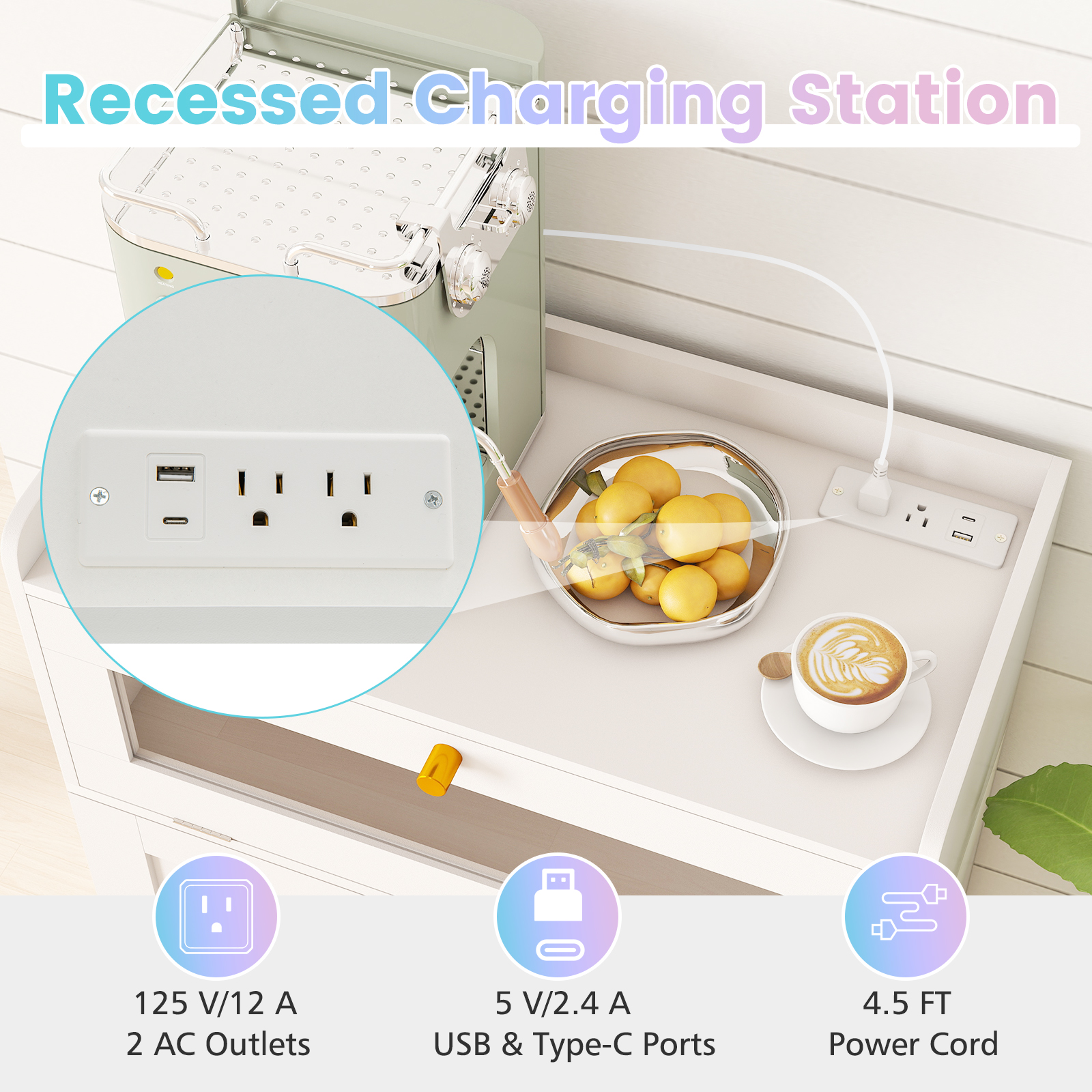 Patiojoy Pantry Cabinet w/Charging Station Kitchen Food Cabinet w/LED Light