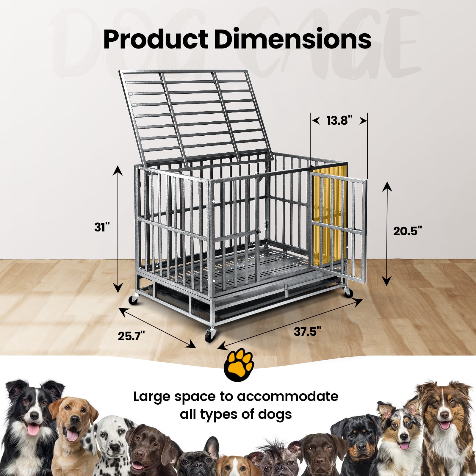 Heavy Duty Dog Crate With four Wheels, Dog Crates For Large Dogs, Double Door Strong Metal Dog Kennel With Removable Tray. Easily Removable Dog Cage For Travel And Transit. Apply For Indoor&Outdoor.