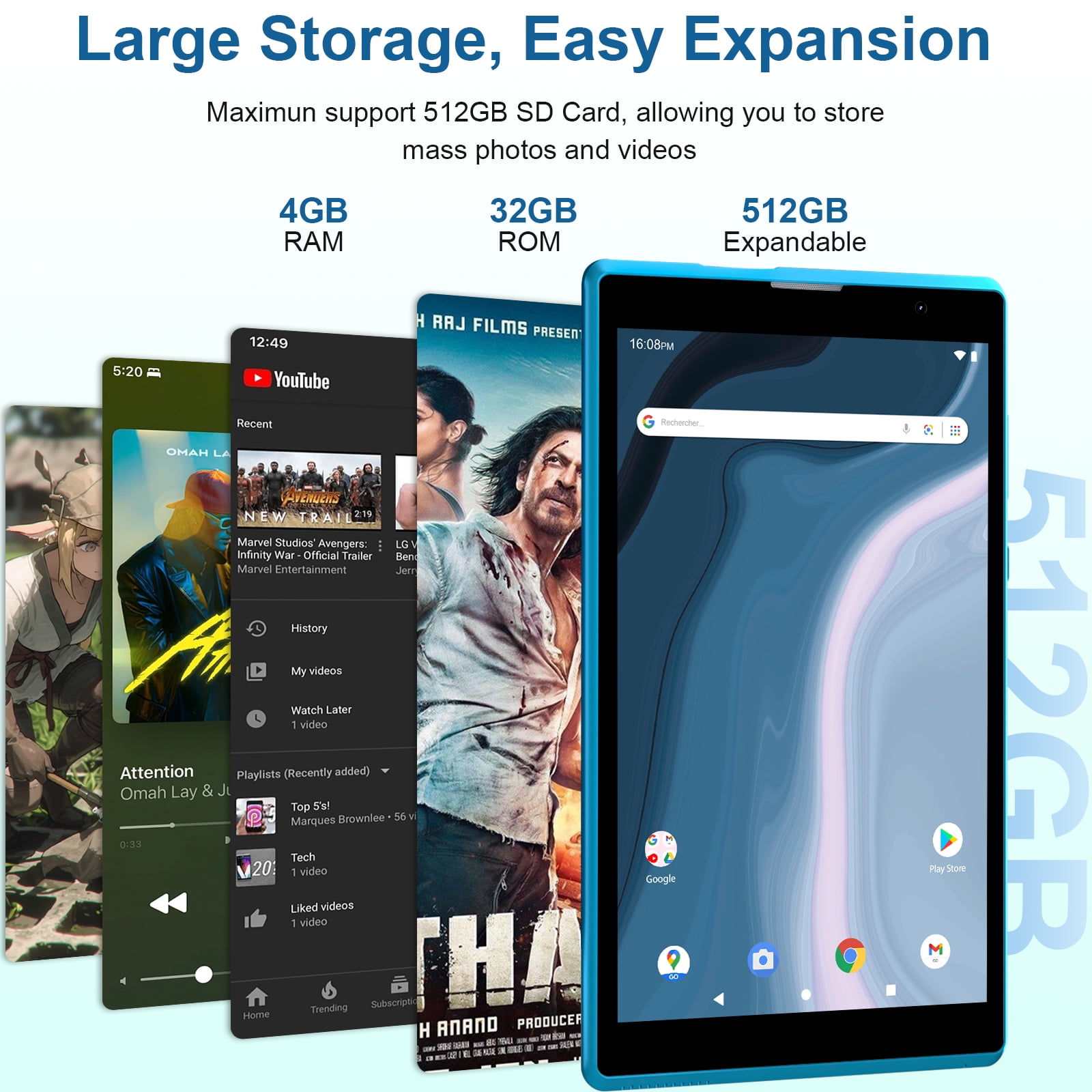 Android Tablet 8 inch, Android 12 Tablet, 4GB RAM 32GB ROM, Quad-Core Processor, Dual Camera, WiFi, 1TB Expand, Game
