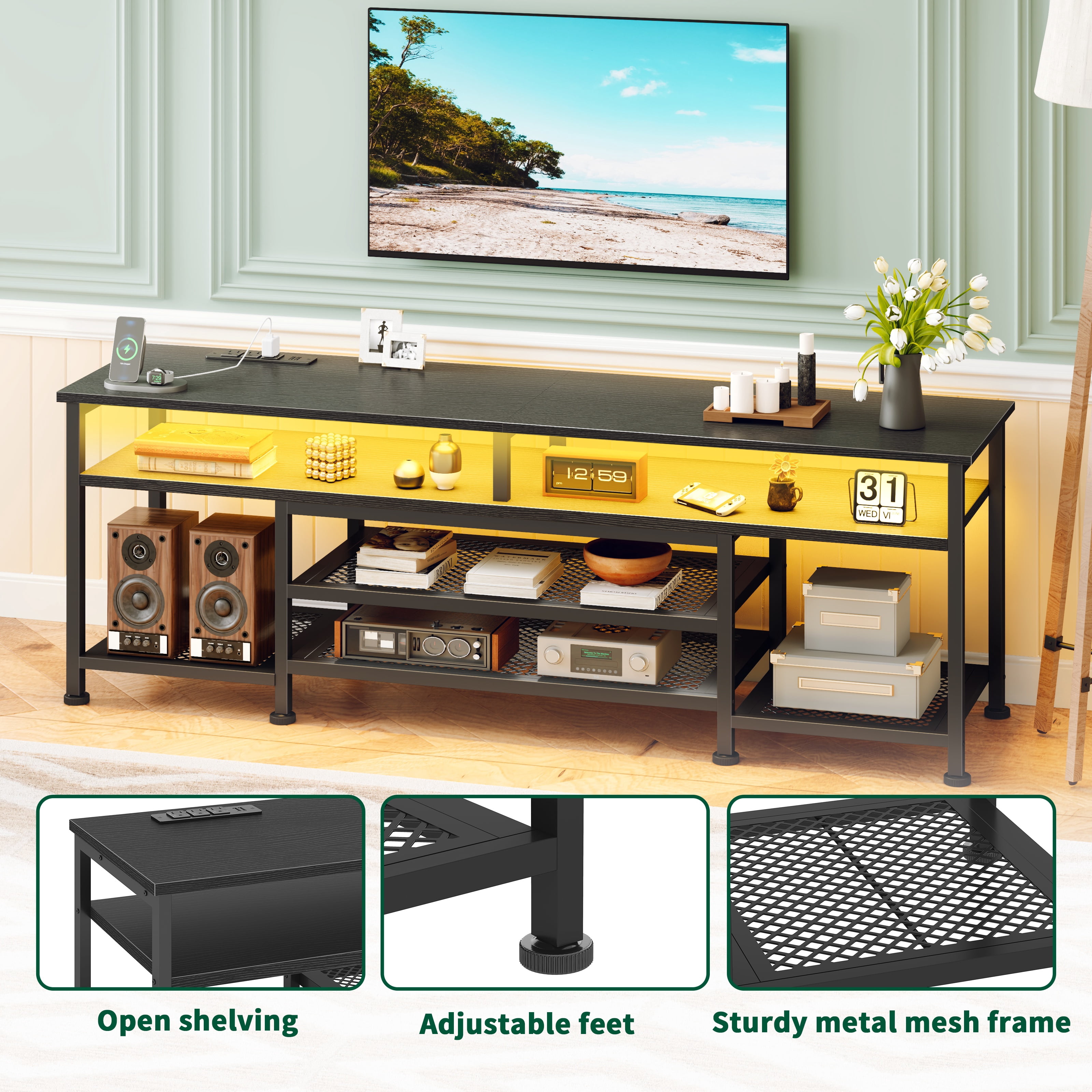 Tydimor Modern TV Stand for 75-80 inch TV, Media Console with Storage for Living Room, LED Entertainment Center with Outlets, Black