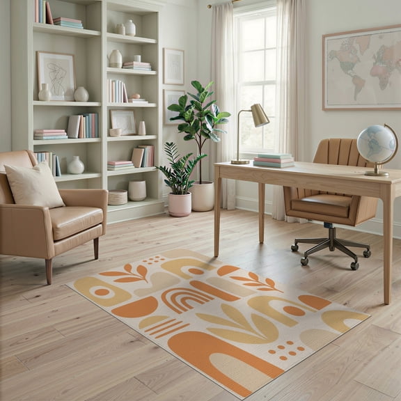 ODIKA 4'x6' Orange Tangerine Geometric Design Washable Area Rug Mid-Century Modern Abstract Shapes for Dorm Room, Small Living Stain Resistant Low Profile, Easy Care
