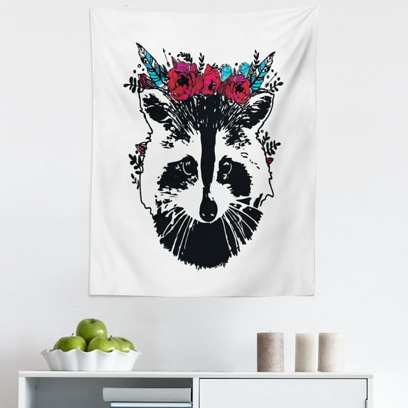 Simple Boho Tapestry, Racoon with the Flower Headpiece Cartoon Design Illustration, Fabric Wall Hanging Decor for Bedroom Living Room Dorm, 5 Sizes, White Black and Ruby, by Ambesonne