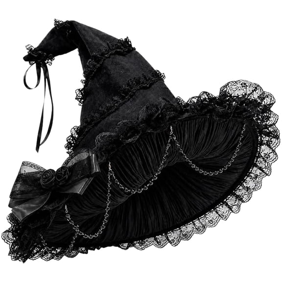 Yigetop Halloween Pointed Witch Hat Gothic Ruffled Lace Trim Wide Brim Themed Dress-Up Costume Cap Black