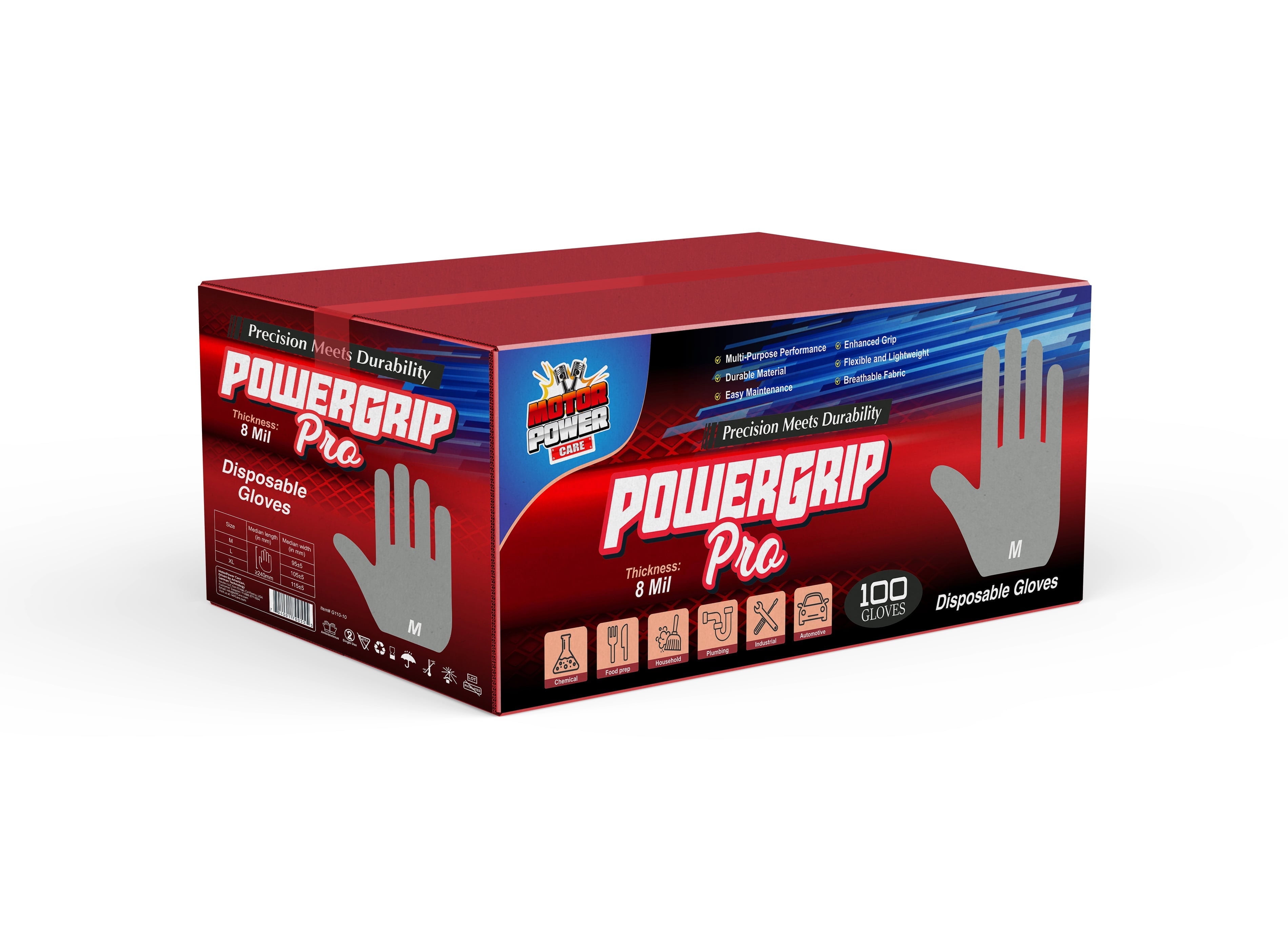 MotorPower Care 8 Mil Heavy-Duty Nitrile Gloves – 1,000 Count (10 Boxes) | Extra Thick, Industrial-Grade, Diamond Grip, Latex-Free, Waterproof, Multi-Purpose Work Gloves Size: M