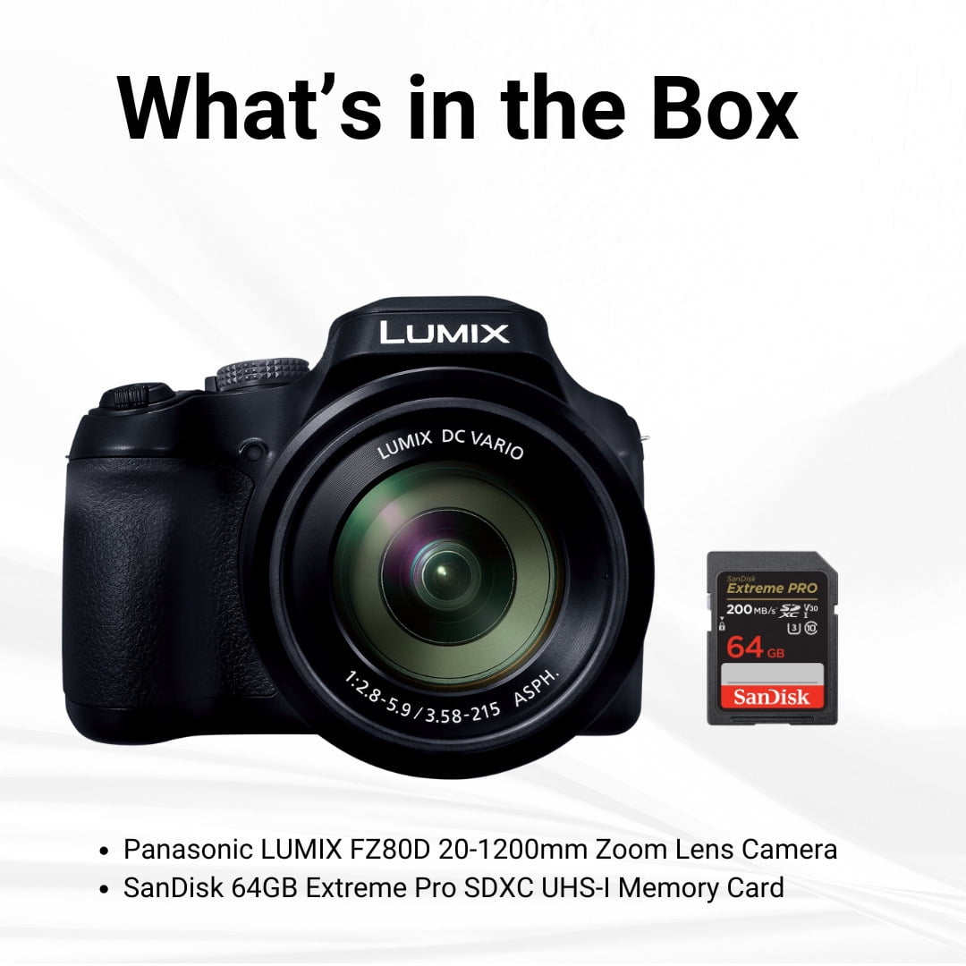 Panasonic LUMIX FZ80D 20 to 1200mm Zoom Lens Point and Shoot Compact Camera (Black) Bundle with 64GB Extreme Pro SDXC UHS-I Memory Card (2 Items)