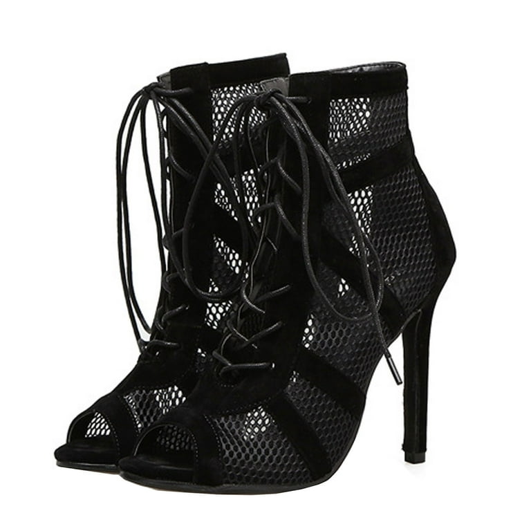 FNFYFH Women's Mesh Sandals Booties Peep Toe High Top Sandals Lace