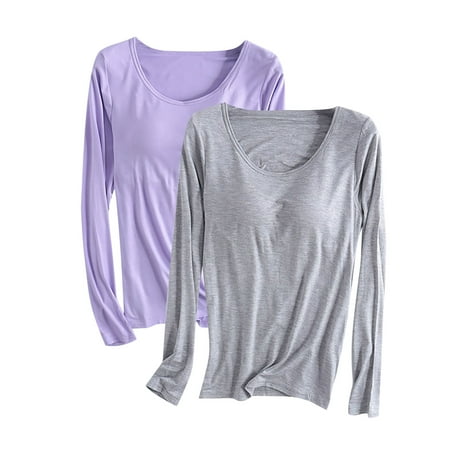 snilers Plus Size 2 Pack Womens Modal T Shirts Long Sleeve Round Neck Pajama Built in Bra Solid Color Basic Tee Shirt Soft Cosy Sleepwear